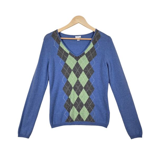 Apt 9 100% Cashmere Argyle Sweater sz M Blue Green Gray V Neck Preppy Academia - Picture 1 of 12